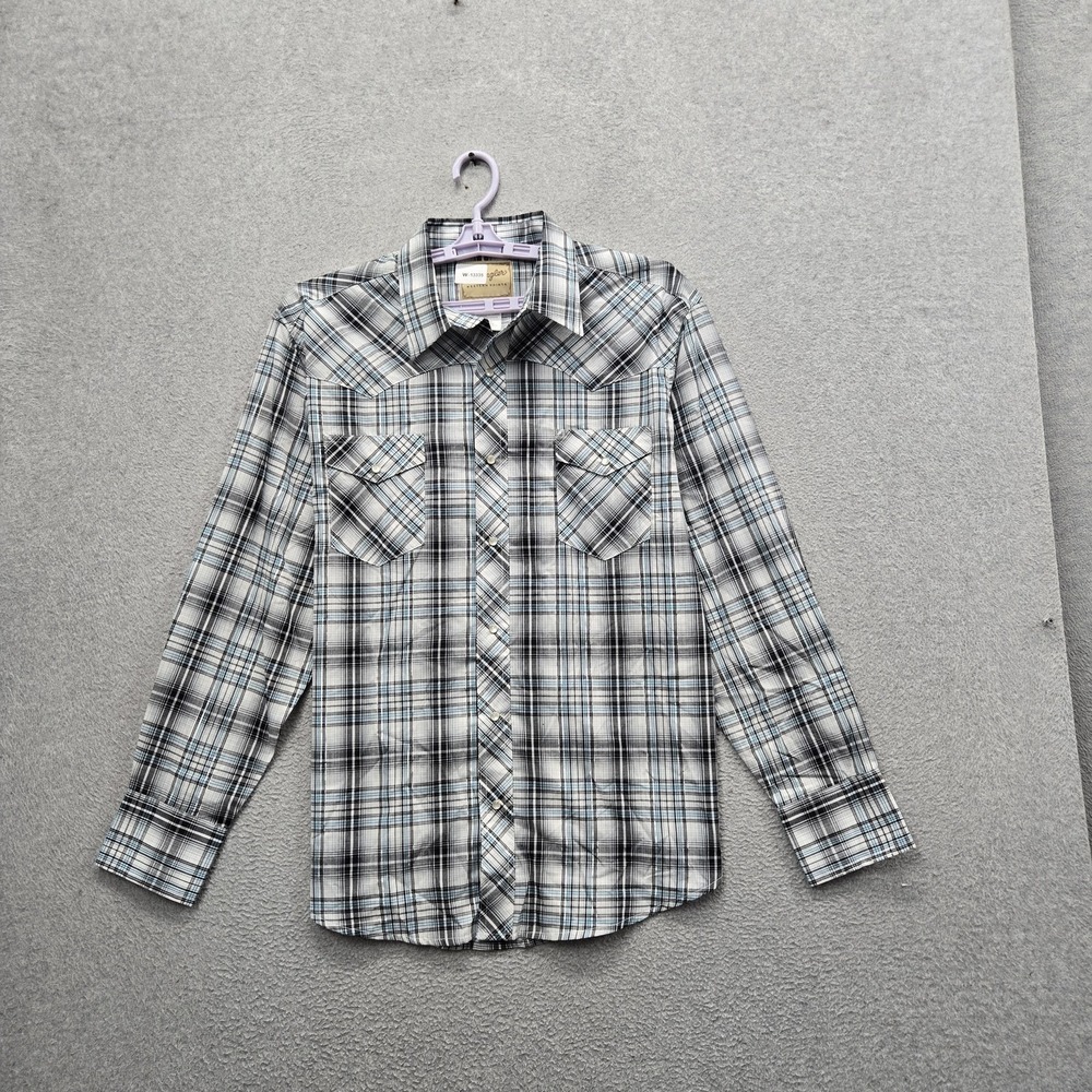 Wrangler‎ Men Button Up Shirt XL White Plaid Western Logo Long Sleeve